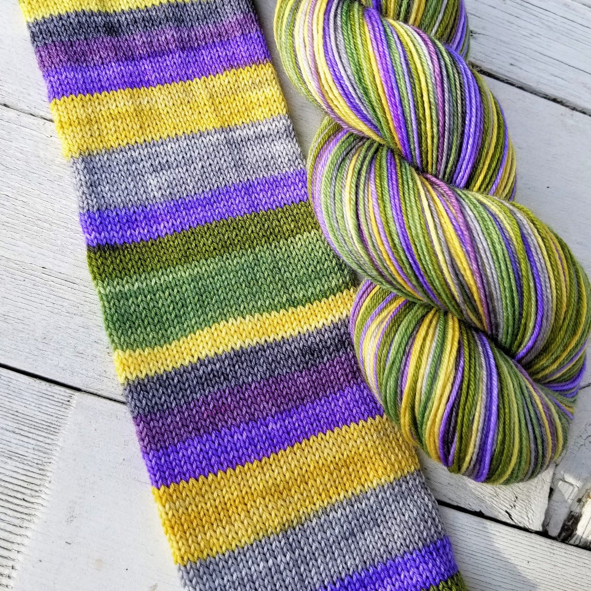 Must Stash does Mardi Gras -must match sock - Must Stash self striping sock yarn fun colorful knitting large skein twin matching double