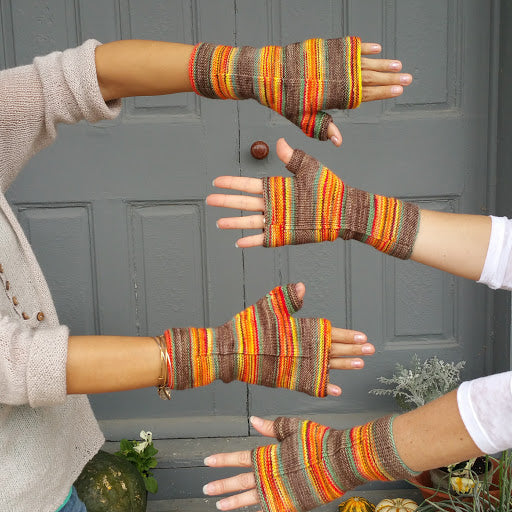 Let's Go Camping Fingerless Mitts Pattern - Camp KAL 2017 - Must Stash self striping sock yarn fun colorful knitting large skein twin matching double