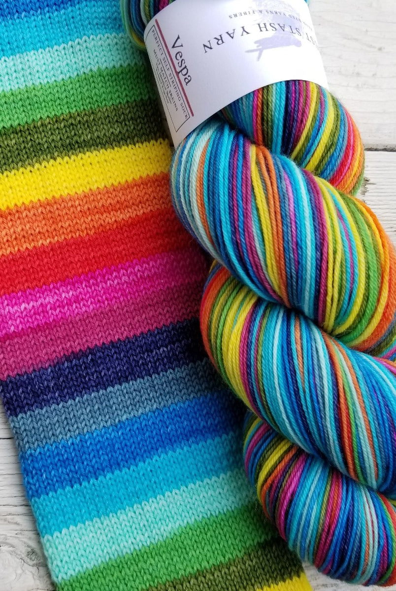 Vespa -perfect must match set - Must Stash self striping sock yarn fun colorful knitting large skein twin matching double